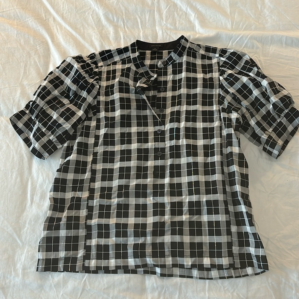 Plaid with silver stitching button down top